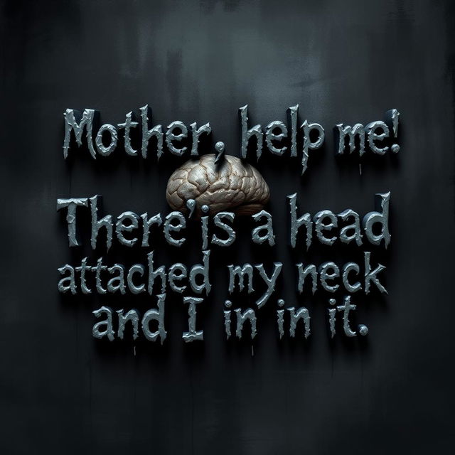 Wobbly, dark, and depressing text art prominently featuring the phrase, "Mother, help me! There’s a head attached to my neck and I'm in it