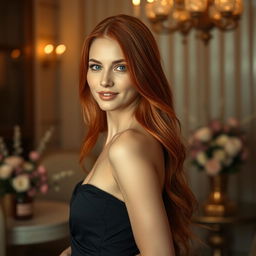 A stunning portrait of a beautiful woman with long, flowing red hair, wearing an elegant black dress that gracefully cascades over her figure