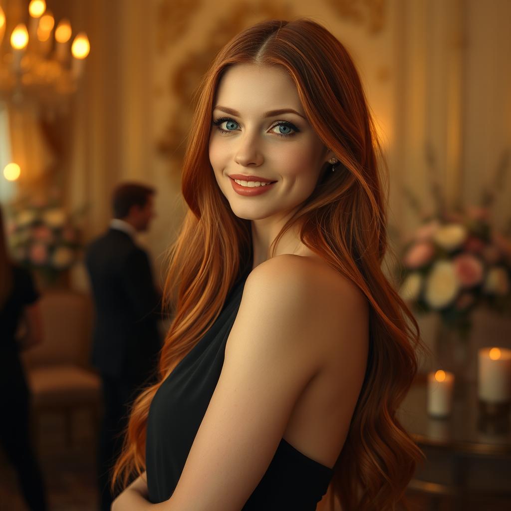 A stunning portrait of a beautiful woman with long, flowing red hair, wearing an elegant black dress that gracefully cascades over her figure