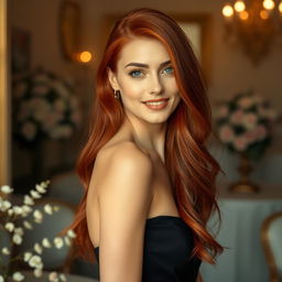 A stunning portrait of a beautiful woman with long, flowing red hair, wearing an elegant black dress that gracefully cascades over her figure