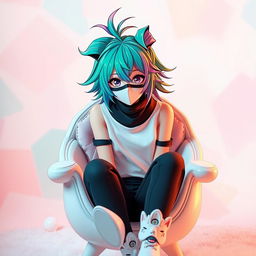 A character with colorful anime-style hair, styled dramatically like an anime character