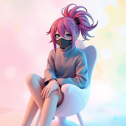 A character with colorful anime-style hair, styled dramatically like an anime character