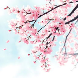 A beautiful cherry blossom tree in full bloom, its delicate pink flowers contrasting against a soft blue sky