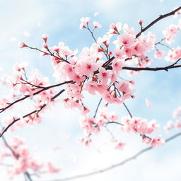 A beautiful cherry blossom tree in full bloom, its delicate pink flowers contrasting against a soft blue sky