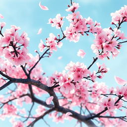 A beautiful cherry blossom tree in full bloom, its delicate pink flowers contrasting against a soft blue sky