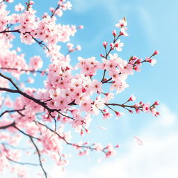 A beautiful cherry blossom tree in full bloom, its delicate pink flowers contrasting against a soft blue sky