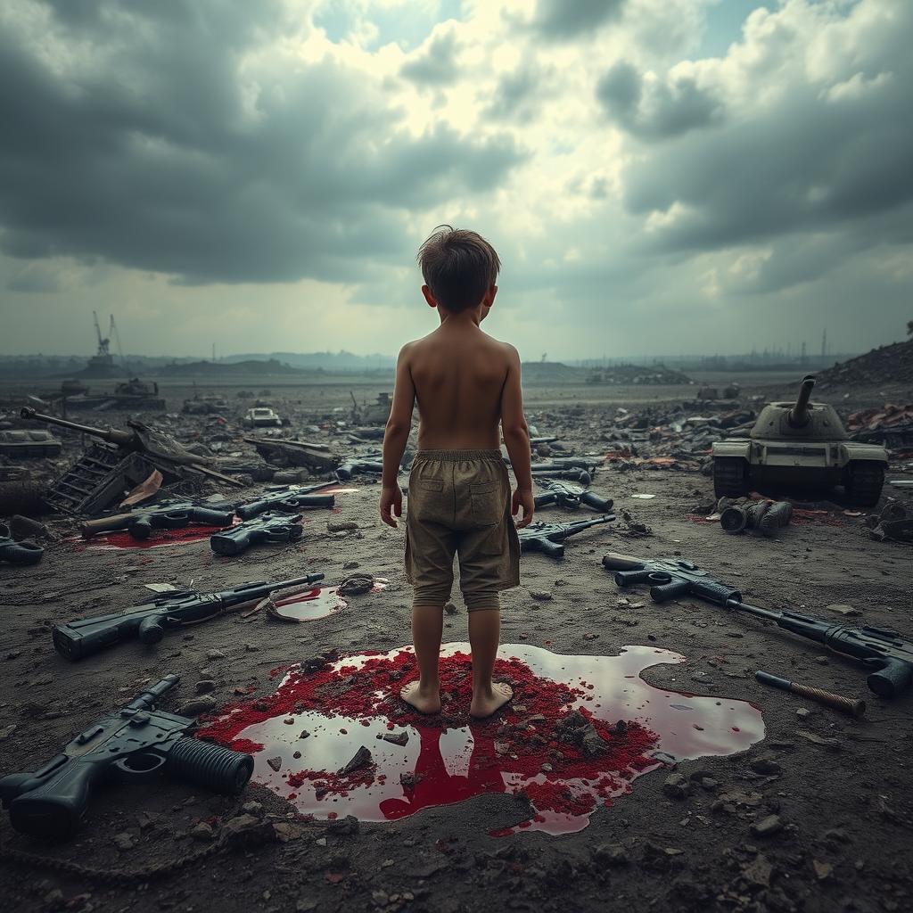 A striking image of a young boy standing bravely in the center of a chaotic battlefield, surrounded by remnants of war