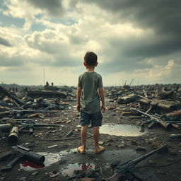 A striking image of a young boy standing bravely in the center of a chaotic battlefield, surrounded by remnants of war
