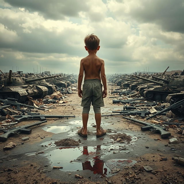 A striking image of a young boy standing bravely in the center of a chaotic battlefield, surrounded by remnants of war