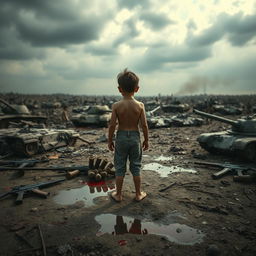 A striking image of a young boy standing bravely in the center of a chaotic battlefield, surrounded by remnants of war