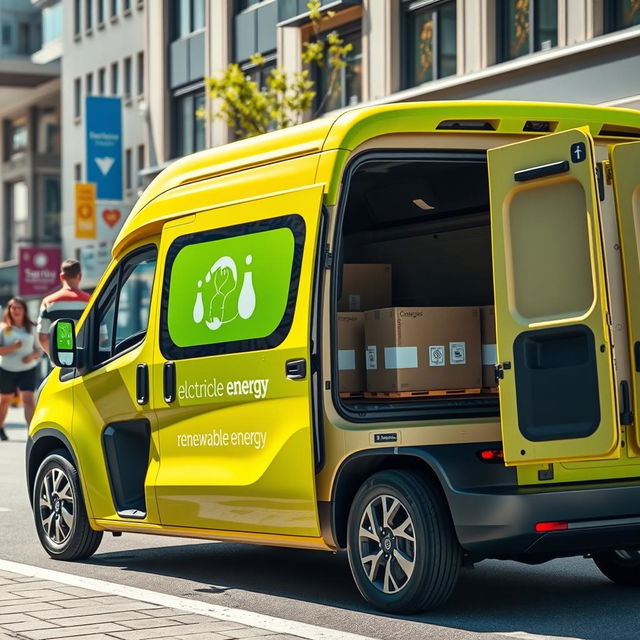 A modern electric delivery van parked in an urban setting, loading packages