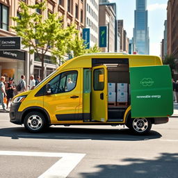A modern electric delivery van parked in an urban setting, loading packages