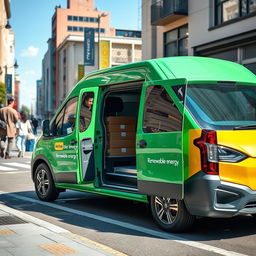 A modern electric delivery van parked in an urban setting, loading packages