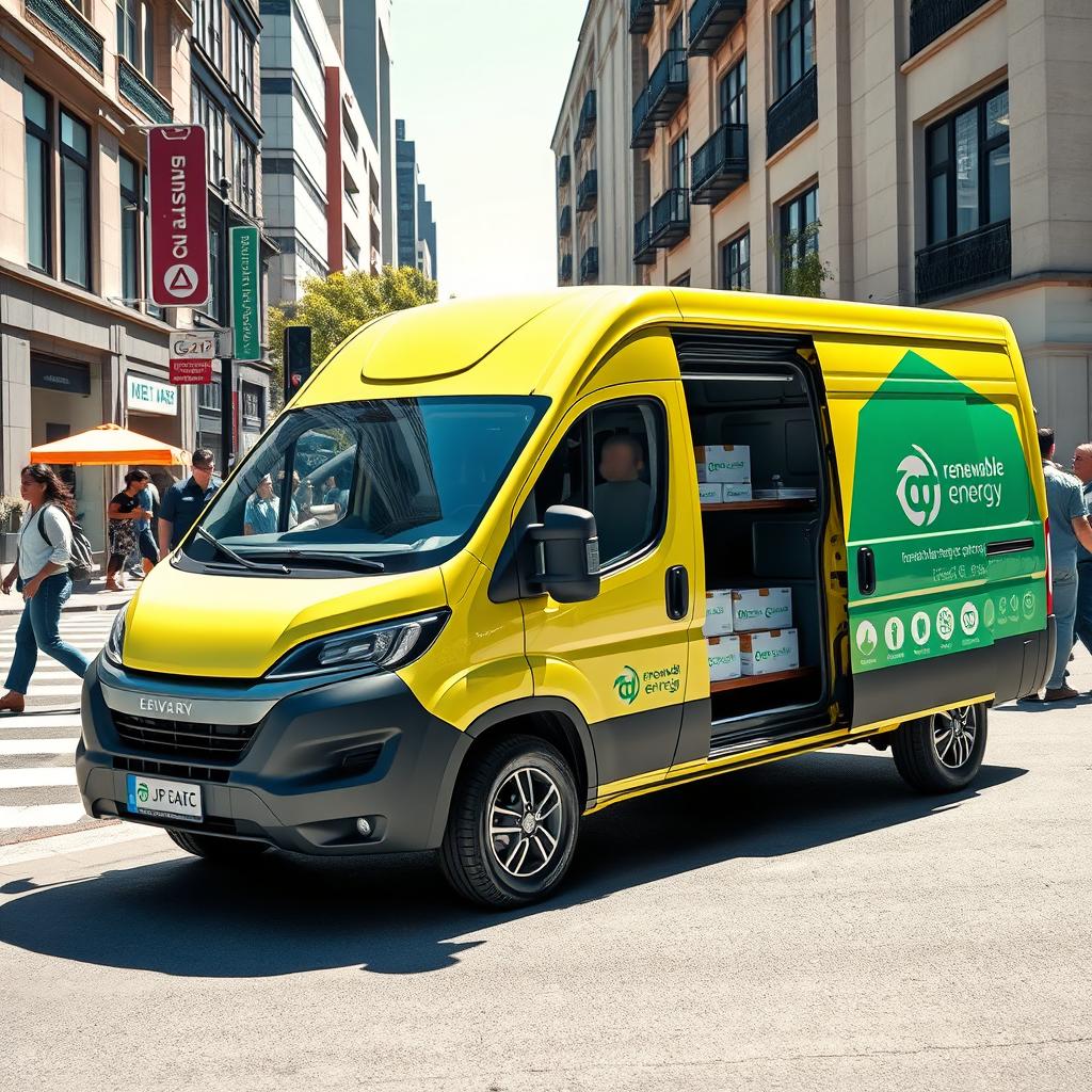 A modern electric delivery van parked in an urban setting, loading packages