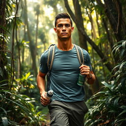 A highly realistic and detailed image of Cristiano Ronaldo hiking through a dense jungle