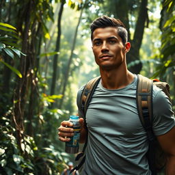 A highly realistic and detailed image of Cristiano Ronaldo hiking through a dense jungle