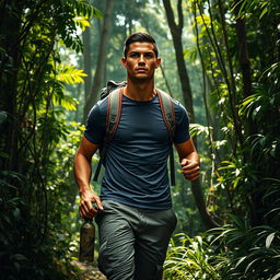 A highly realistic and detailed image of Cristiano Ronaldo hiking through a dense jungle