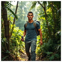 A highly realistic and detailed image of Cristiano Ronaldo hiking through a dense jungle