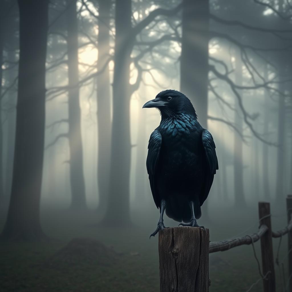 A majestic black raven, symbolic of mystery and intelligence, perched on a rustic wooden fence amidst a misty forest