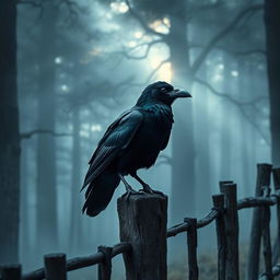 A majestic black raven, symbolic of mystery and intelligence, perched on a rustic wooden fence amidst a misty forest