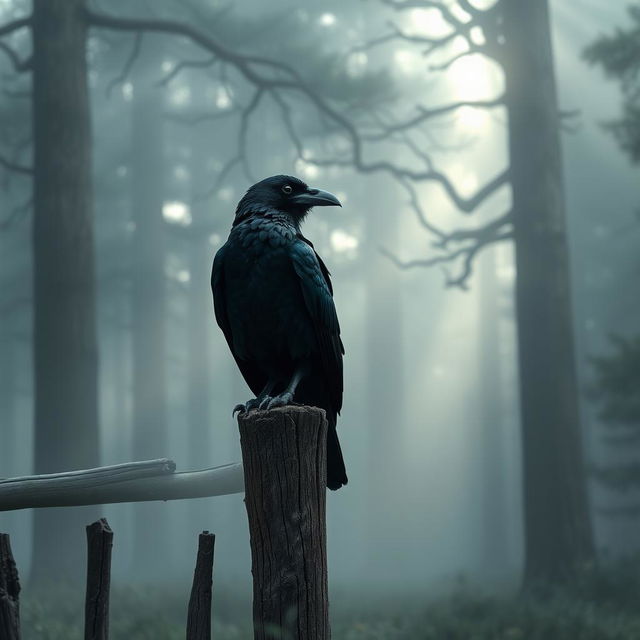 A majestic black raven, symbolic of mystery and intelligence, perched on a rustic wooden fence amidst a misty forest