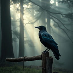 A majestic black raven, symbolic of mystery and intelligence, perched on a rustic wooden fence amidst a misty forest