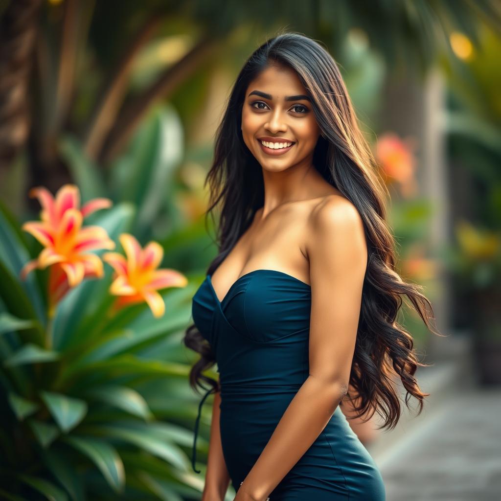 A beautiful Indian woman with long, flowing dark hair, striking features, and an elegant dress accentuating her curves