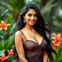 A beautiful Indian woman with long, flowing dark hair, striking features, and an elegant dress accentuating her curves