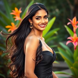 A beautiful Indian woman with long, flowing dark hair, striking features, and an elegant dress accentuating her curves