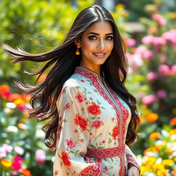 A beautiful and elegant woman with long flowing black hair and striking green eyes, dressed in a stylish traditional dress that showcases intricate floral patterns