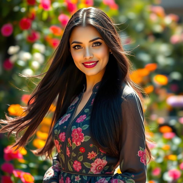 A beautiful and elegant woman with long flowing black hair and striking green eyes, dressed in a stylish traditional dress that showcases intricate floral patterns