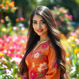 A beautiful and elegant woman with long flowing black hair and striking green eyes, dressed in a stylish traditional dress that showcases intricate floral patterns