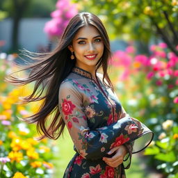 A beautiful and elegant woman with long flowing black hair and striking green eyes, dressed in a stylish traditional dress that showcases intricate floral patterns