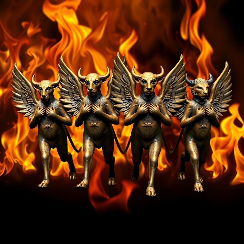 In the midst of flames, there are four anthropomorphic figures