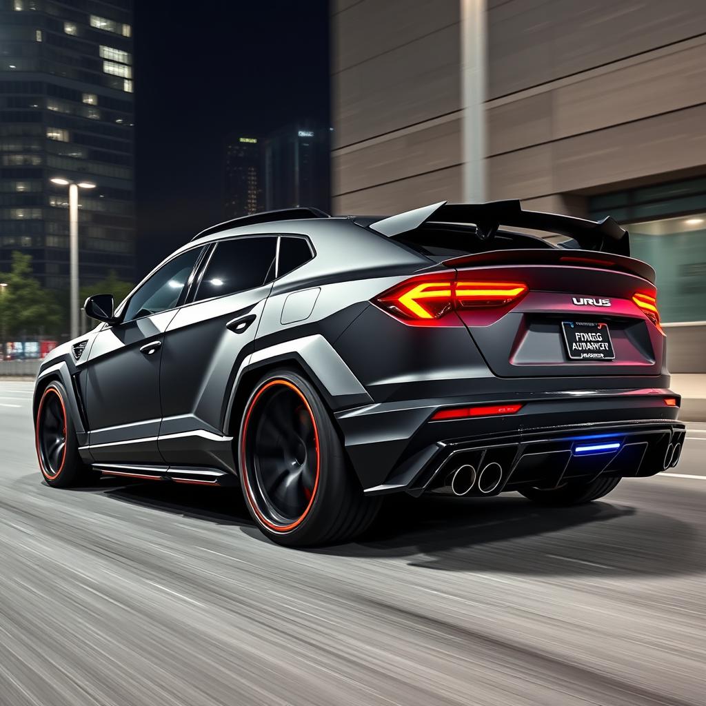 A modified Lamborghini Urus, showcasing an aggressive body kit with wide fenders, a lowered stance, and sporty lines