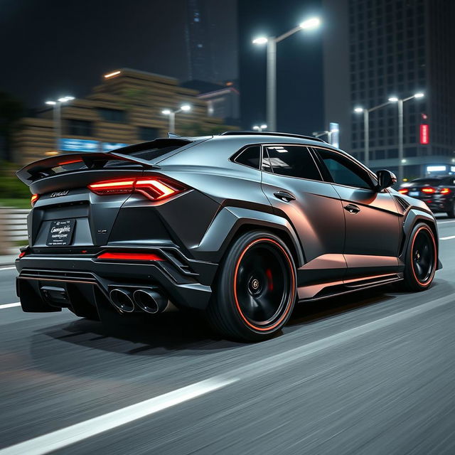 A modified Lamborghini Urus, showcasing an aggressive body kit with wide fenders, a lowered stance, and sporty lines