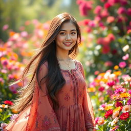 A beautifully portrayed young woman with long flowing hair, wearing a flowy traditional dress with floral patterns