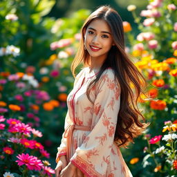 A beautifully portrayed young woman with long flowing hair, wearing a flowy traditional dress with floral patterns