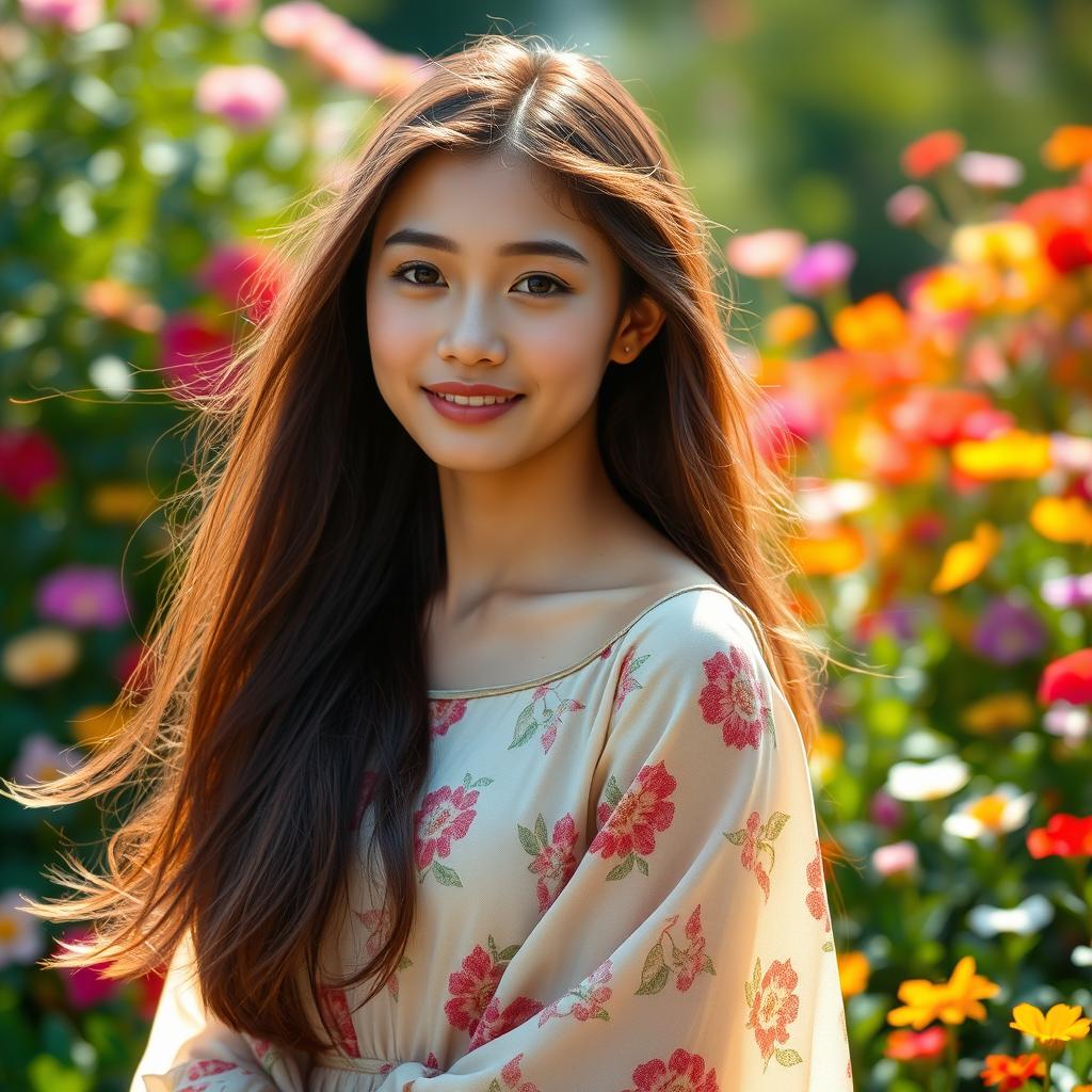 A beautifully portrayed young woman with long flowing hair, wearing a flowy traditional dress with floral patterns