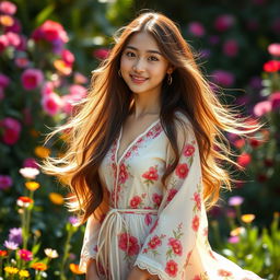 A beautifully portrayed young woman with long flowing hair, wearing a flowy traditional dress with floral patterns