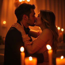 A romantic scene of a couple engaged in an intimate kiss under soft candlelight