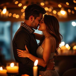A romantic scene of a couple engaged in an intimate kiss under soft candlelight
