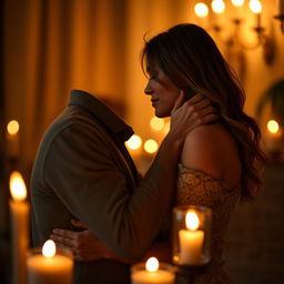 A romantic scene of a couple engaged in an intimate kiss under soft candlelight