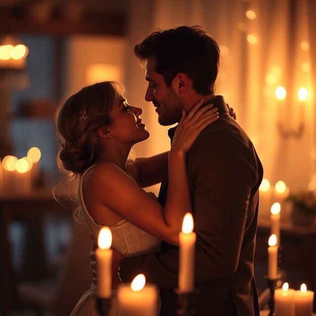 A romantic scene of a couple engaged in an intimate kiss under soft candlelight