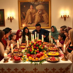 A beautiful celebration of Yalda Night, showcasing an elegant table adorned with traditional elements such as pomegranates, candles, and multicolored fruits