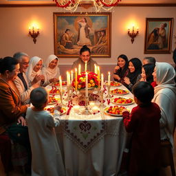 A beautiful celebration of Yalda Night, showcasing an elegant table adorned with traditional elements such as pomegranates, candles, and multicolored fruits