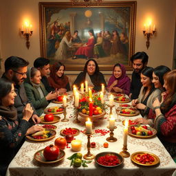 A beautiful celebration of Yalda Night, showcasing an elegant table adorned with traditional elements such as pomegranates, candles, and multicolored fruits