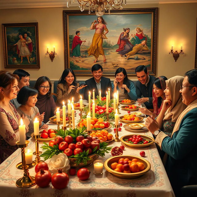 A beautiful celebration of Yalda Night, showcasing an elegant table adorned with traditional elements such as pomegranates, candles, and multicolored fruits