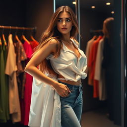 A confident woman in the process of removing her clothes in a stylish, dimly lit boutique changing room