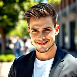 A portrait of a handsome man, showcasing strong facial features, a well-defined jawline, and captivating eyes